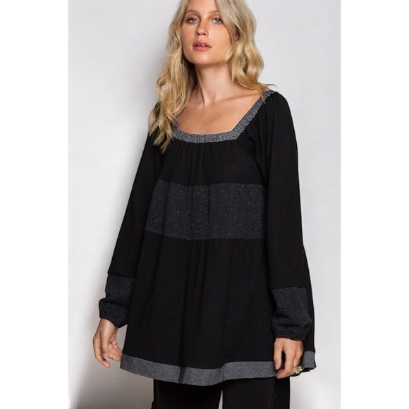 POL Tops - POL Black Square Neck Long Sleeve A Line Knit Tunic Top